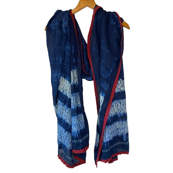 Boho Cottage Deep Blue W/ White Detail & Red Trim Light Weight Shawl Scarf - Picture 1 of 9